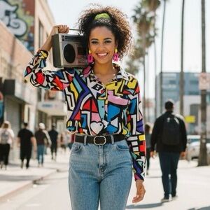 Vibrant 80’s Retro Geometric Print Button Down Shirt